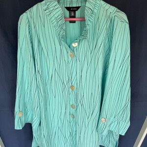 Ali Miles Aqua Button-Down Shirt with Dark Lines